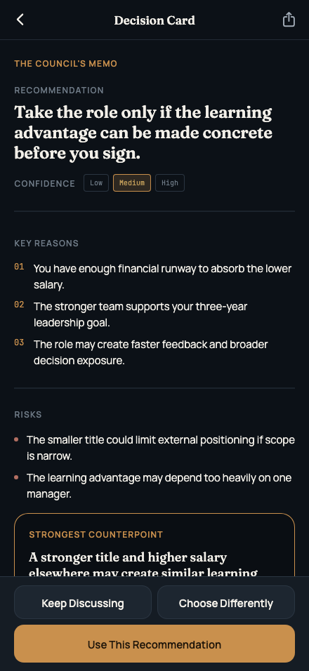 Decision Card with a recommendation, reasons, risks, and counterpoint