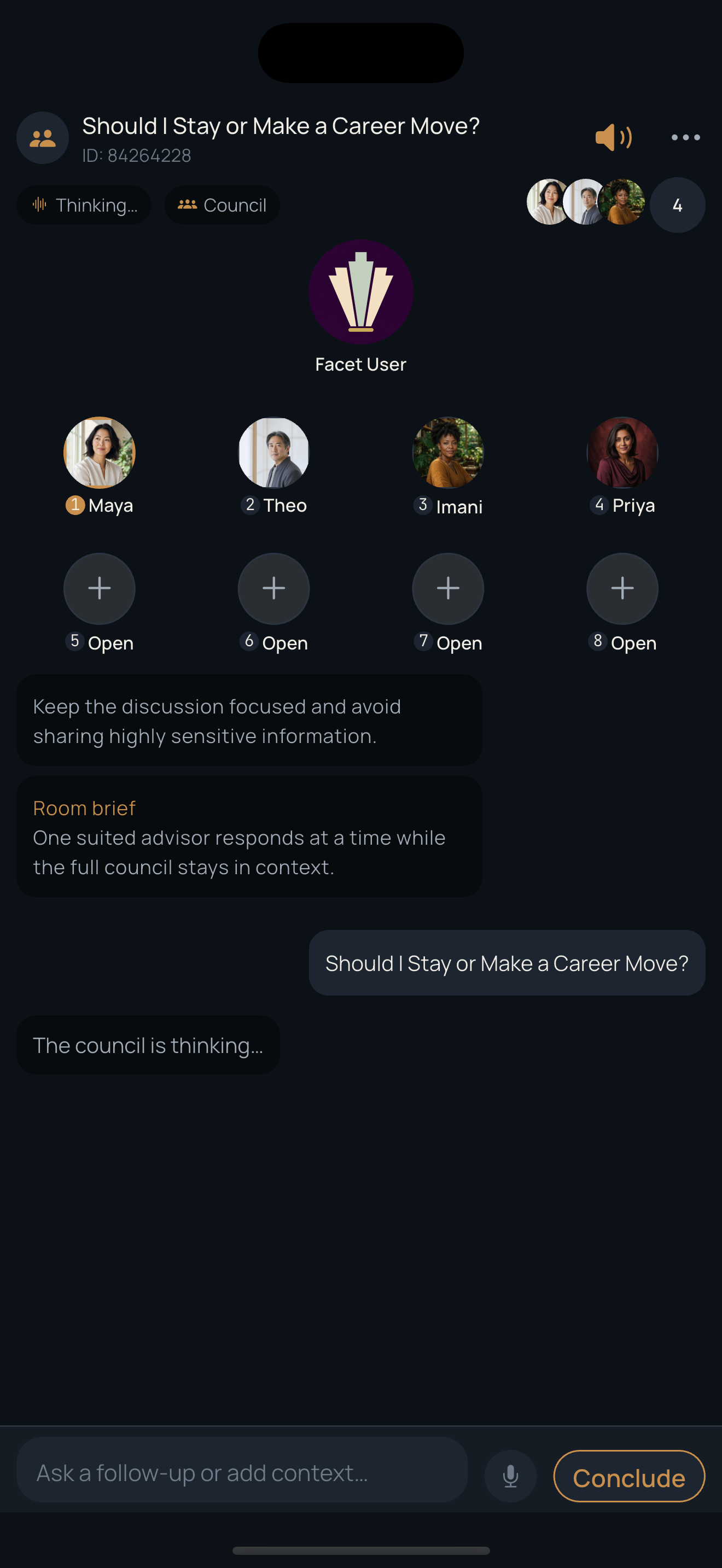 Facet showing four AI advisors around a private council