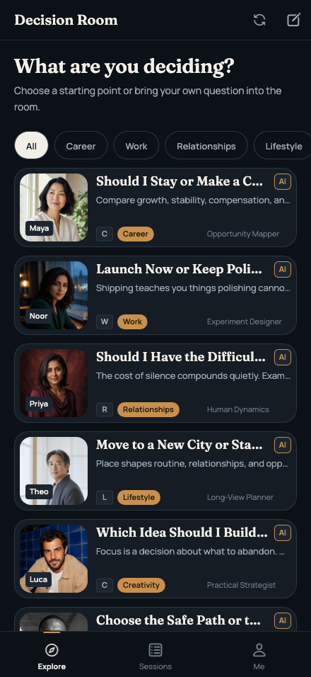 Facet Explore screen with everyday decision topics